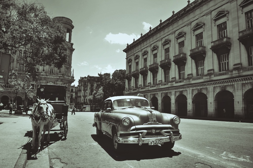 キューバ・ハバナのクラシックカータクシーと馬車(白黒)の写真