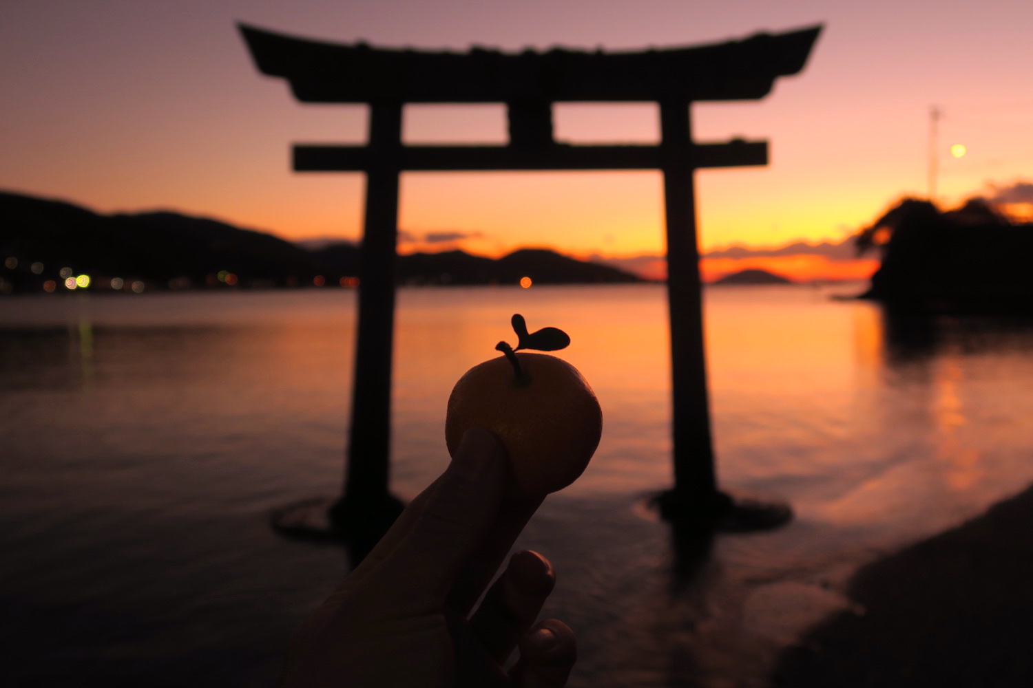 愛媛県八幡浜市の厳島神社(海の鳥居)とハート付きのみかんの写真